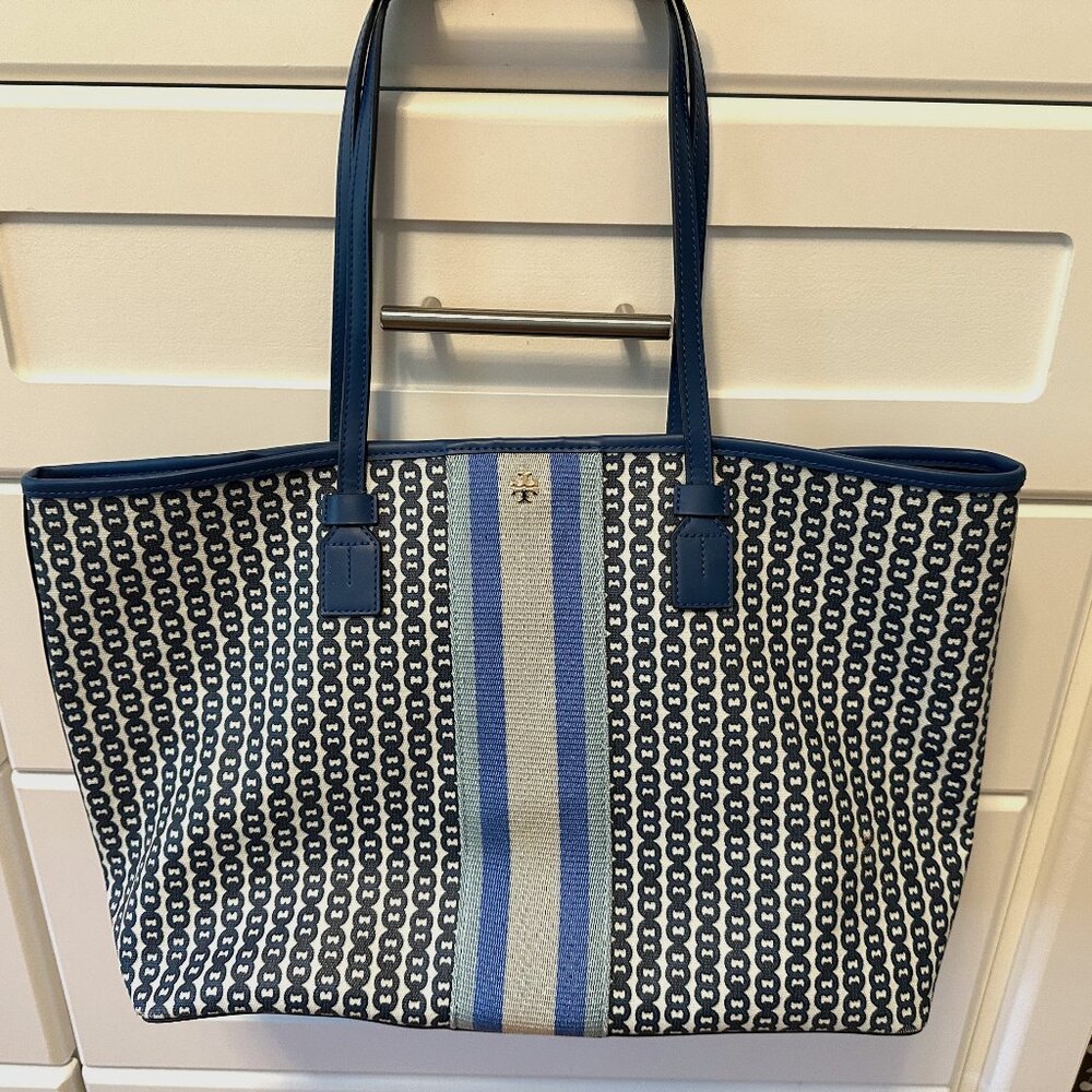Large Tory Burch Gemini Link Tote Bright Blue/ Logo/ Striped